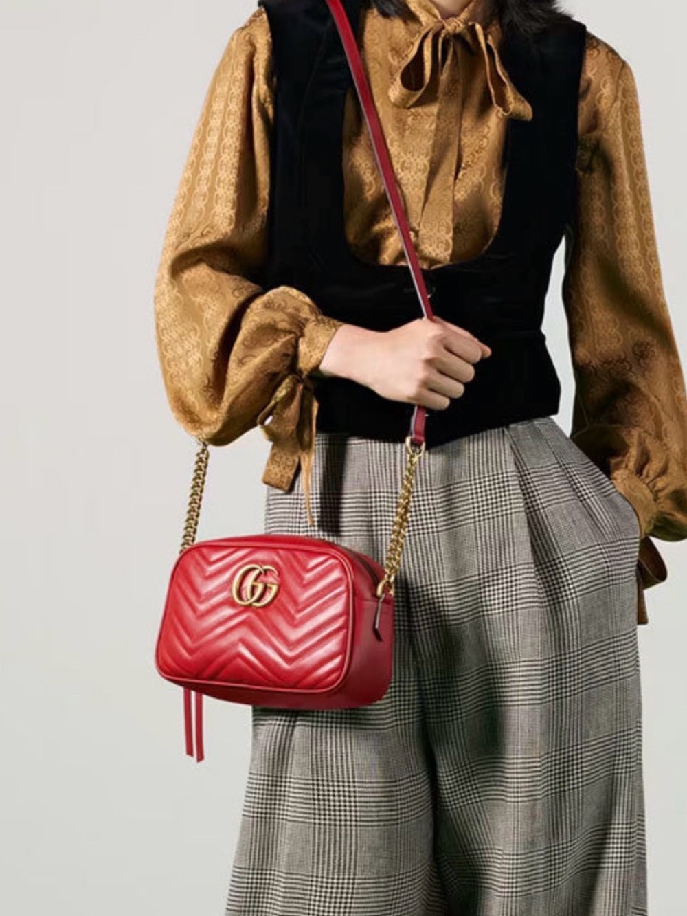 Gucci Red GG Marmont Chevron Crossbody Bag with Gold Hardware